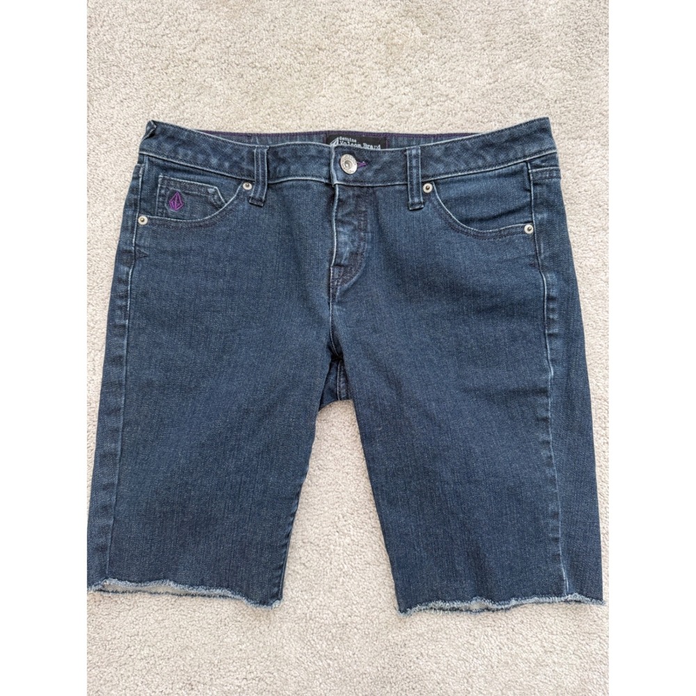 Volcom Matchstick Denim Shorts Womens 9 Dark Wash Purple Stitch Cut Off Raw Hem